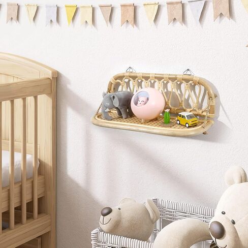 أرفف الحائط رف الروطان 16.5 بوصة ديكور حائط بوهو مصنوع يدويًا ديكور ريفي عائم للحمام وغرفة نوم الحضانة، رفوف تخزين خشبية وخشبية مثبتة على الحائط، أرفف معلقة in Kuwait