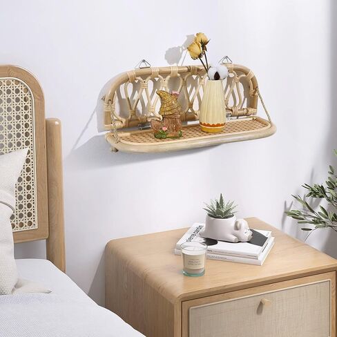 أرفف الحائط رف الروطان 16.5 بوصة ديكور حائط بوهو مصنوع يدويًا ديكور ريفي عائم للحمام وغرفة نوم الحضانة، رفوف تخزين خشبية وخشبية مثبتة على الحائط، أرفف معلقة in Kuwait