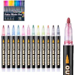Double Line Metallic Markers set of 12 Colors Glitter Pen Paint Permanent Brush Pen Never Fade Quick Dry for Designing Photo Album, Guest Book, Scrapbook, Ceramic, DIY card, Glass, Rock