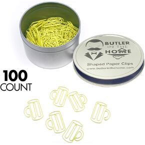 Butler in the Home Yellow Beer Mug Shaped Paper Clips Great for Paper Clip Collectors or Dad Father Gift - Comes in Round Tin with Lid and Gift Box (Yellow 100 Count)