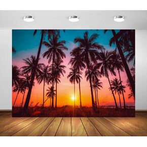 BELECO 5x3ft Fabric Sunset Beach Backdrop Tropical Seaside Coconut Palm Trees Background Backdrop Summer Beach Sunset Hawaii Luau Party Decorations Birthday Photoshoot Studio Photo Props