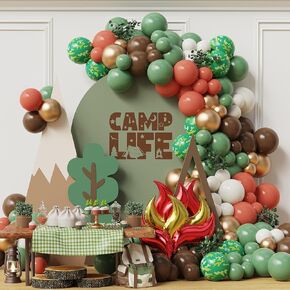 One Happy Camper Balloon Garland Arch Kit, 146pcs Sage Green Brown Camouflage Balloons with Campfire Balloon for Camping Woodland Party Supplies First Birthday Jungle Baby Shower Decorations