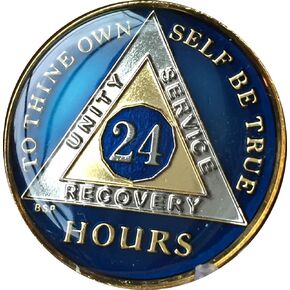 24 Hours Midnight Blue AA Alcoholics Anonymous Medallion Chip Tri Plate Gold & Nickel Plated