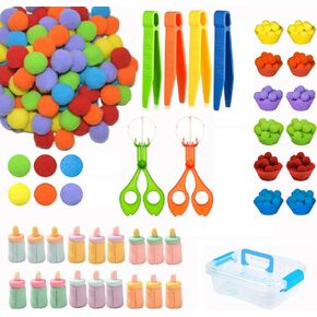 137 Pcs Fine Motor Skills Handy Scooper Set Sensory Bin Filler,Includes 100 Pcs Pompoms,18 Pcs Baby Bottle,12 Cups,4 Tweezers,2 Clips,1 Storage Box for Counting Sorting Training