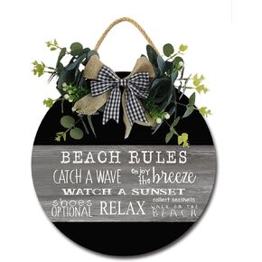 Beach Rules Wooden Front Door Sign Rustic Round Wreath Wall Hanger Porch Decor Spring and Summer Farmhouse Decoration Housewarming Gift 11 Inches