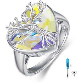 AOBOCO 925 Sterling Silver Tree of Life Heart Cremation Ring Holds Loved One's Ashes,Heart Urn Ring For Women, Austrian Crystal Decoration Memorial Keepsake Ring