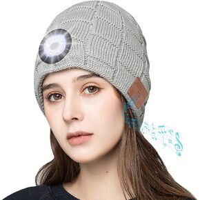Unisex Bluetooth Beanie Hat with Light,Warm Winter Knitted Hat LED headlamp hat Wireless Bluetooth Headphones, for Men Women (LightGray)
