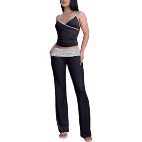 Womens Sexy Two Piece Outfits Tank Crop Tops Fold Over Flare Yoga Pants 2 Pc Sets