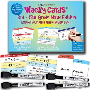 بطاقات Think2Master Wacky من الصف الثالث إلى الصف الخامس. لعبة بطاقة الرياضيات للعائلات والفصول الدراسية. اصنع جملًا مضحكة أثناء ممارسة الرياضيات بما في ذلك الضرب والقسمة والجبر.