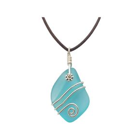 Yinahawaii Hawaii Handmade Necklace, Hawaiian Jewelry, Leather Cord Necklace, Unisex Ocean Jewelry, Wire Wrapped Unique Jewelry, Sea Glass Jewelry Birthday Gift (Teal)