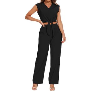 Women's Summer 2 Piece Outfits Cap Sleeve V Neck Belted Crop Tops Cropped Wide Leg Pant Sets Jumpsuits