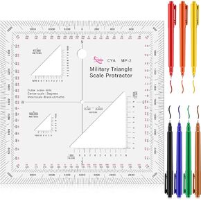 Military UTM/MGRS Coordinate Scale 7 Assorted Colors Fine Point Permanent Markers Map Reading and Land Navigation Topographical Map Scale Protractor and Grid Coordinate Reader Pairs with Compass