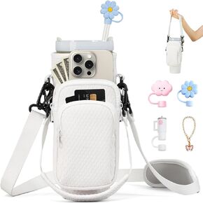 Stanley Cup Holder, 2024 Newest Stanley 40&30 Oz Cup Accessories, Include Water Bottle Holder & 3Pcs Straw Covers, 3D Embossing Neoprene Cup Carrier Bag & Case with 2 Straps and Phone Pocket(Pink)