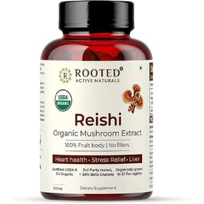 ROOTED Active's Reishi Mushroom Extract Powder (60 Veg Caps), USDA & EU Certified Organic |30% Beta Glucans - Lab Verified| Heart Health, Stress Relief, Liver & Adaptogenic Support.