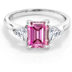 Gem Stone King 925 Sterling Silver Pink and White Moissanite 3-Stone Ring | 2.07 Cttw | 3 Stone Wedding Engagement Anniversary Promise Ring For Women | Emerald Cut 8X6MM | Trillion 3.5MM