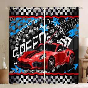 Feelyou Boys Race Car Window Drapes Cool Race Sports Car Set Curtains Kids Room Decor Boys Sports Theme Window Curtains Bedroom Living Room Checkered Window Treatments Red 42W X 63L，2 Panels