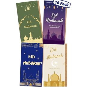 PINKEESEA Eid Mubarak Cards with Kraft Envelopes with Stickers - 16 Money and Gift Card Holders Ramadan Cards Eid Cards with 16 Kraft Envelopes 16 Stickers - 4 Designs