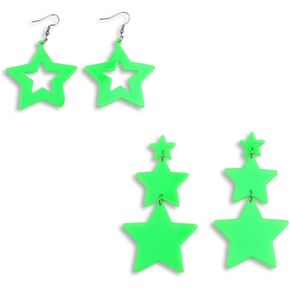 2Pairs Acrylic Vintage Star Dangle Drop Earrings for Women Girls, Colorful Neon Geometric Pentagram Long Tassel Earrings Y2k 80s Party Charm Jewelry