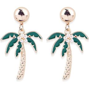 Coconut Tree Pineapple Cactus Pearl Earrings for Women Girls Gold Plated Bohemian Charm Summer Tropical Fruit Green Leaf Enamel Plant Nature Dangle Drop Earrings for Hawaii Beach Vacation Jewelry Gifts