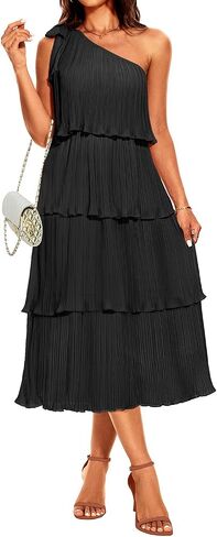 Pinup Fashion Women's 2024 Summer One Shoulder Sleeveless Dress Knot Pleated Ruffle Tiered Layered Chiffon Flowy Midi Dresses in Saudi Arabia