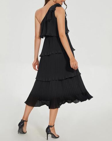 Pinup Fashion Women's 2024 Summer One Shoulder Sleeveless Dress Knot Pleated Ruffle Tiered Layered Chiffon Flowy Midi Dresses in Saudi Arabia