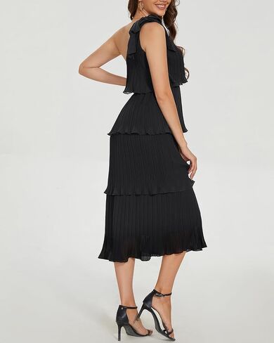 Pinup Fashion Women's 2024 Summer One Shoulder Sleeveless Dress Knot Pleated Ruffle Tiered Layered Chiffon Flowy Midi Dresses in Saudi Arabia