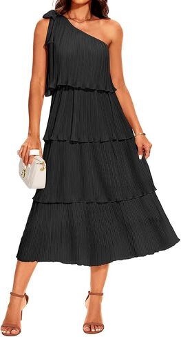 Pinup Fashion Women's 2024 Summer One Shoulder Sleeveless Dress Knot Pleated Ruffle Tiered Layered Chiffon Flowy Midi Dresses in Saudi Arabia