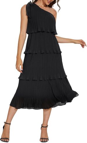 Pinup Fashion Women's 2024 Summer One Shoulder Sleeveless Dress Knot Pleated Ruffle Tiered Layered Chiffon Flowy Midi Dresses in Saudi Arabia
