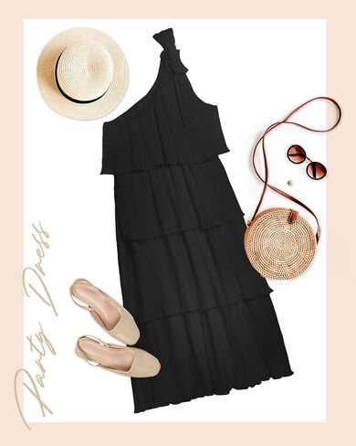 Pinup Fashion Women's 2024 Summer One Shoulder Sleeveless Dress Knot Pleated Ruffle Tiered Layered Chiffon Flowy Midi Dresses in Saudi Arabia