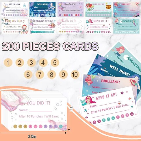 بطاقات لكمة على شكل حورية البحر مع ثقب، 200 قطعة من جوائز حوافز سلوك الأطفال للفتيات والأطفال والمدرسين، رائعة للاستخدام في المنزل والفصول الدراسية وبطاقة ولاء الأعمال in Kuwait