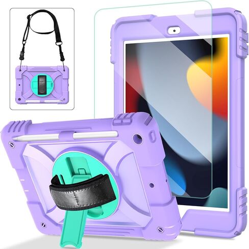 iPad 10.2 Case for Kids, iPad 9th/8th/7th Generation Heavy Duty Case with Tempered Glass Screen Protector&Shoulder Strap, Rugged Protective Cover for iPad 10.2" 2021/2020/2019-Purple/Green in Kuwait