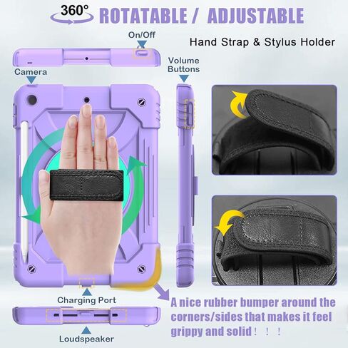 iPad 10.2 Case for Kids, iPad 9th/8th/7th Generation Heavy Duty Case with Tempered Glass Screen Protector&Shoulder Strap, Rugged Protective Cover for iPad 10.2" 2021/2020/2019-Purple/Green in Kuwait