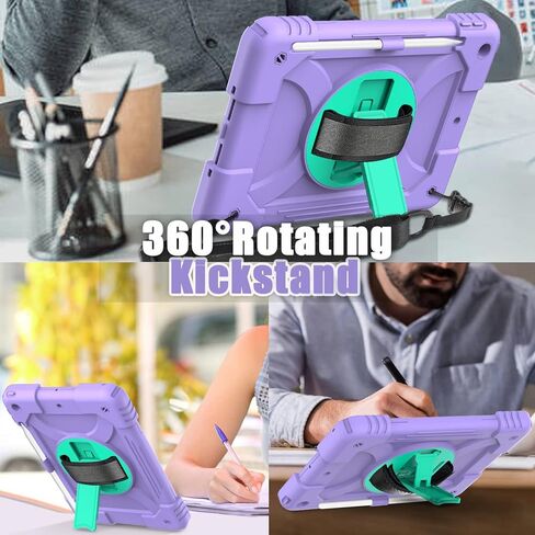 iPad 10.2 Case for Kids, iPad 9th/8th/7th Generation Heavy Duty Case with Tempered Glass Screen Protector&Shoulder Strap, Rugged Protective Cover for iPad 10.2" 2021/2020/2019-Purple/Green in Kuwait