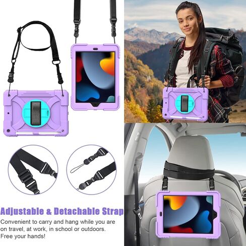 iPad 10.2 Case for Kids, iPad 9th/8th/7th Generation Heavy Duty Case with Tempered Glass Screen Protector&Shoulder Strap, Rugged Protective Cover for iPad 10.2" 2021/2020/2019-Purple/Green in Kuwait
