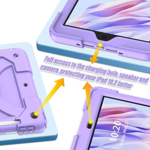 iPad 10.2 Case for Kids, iPad 9th/8th/7th Generation Heavy Duty Case with Tempered Glass Screen Protector&Shoulder Strap, Rugged Protective Cover for iPad 10.2" 2021/2020/2019-Purple/Green in Kuwait