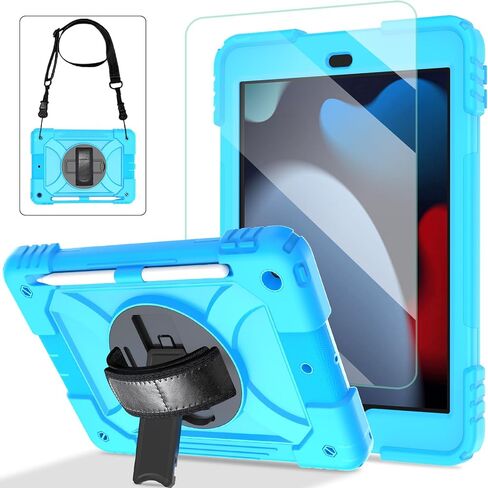 iPad 10.2 Case for Kids, iPad 9th/8th/7th Generation Heavy Duty Case with Tempered Glass Screen Protector&Shoulder Strap, Rugged Protective Cover for iPad 10.2" 2021/2020/2019-Purple/Green in Saudi Arabia