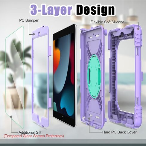 iPad 10.2 Case for Kids, iPad 9th/8th/7th Generation Heavy Duty Case with Tempered Glass Screen Protector&Shoulder Strap, Rugged Protective Cover for iPad 10.2" 2021/2020/2019-Purple/Green in Kuwait