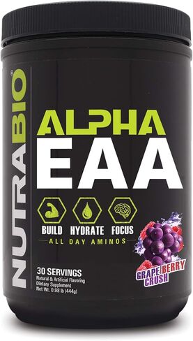 NutraBio Alpha EAA - أمينوس طوال اليوم - مكمل للانتعاش والطاقة والتركيز والترطيب - مصفوفة EAA BCAA كاملة الطيف، إلكتروليتات، نوتروبيكس، ماء جوز الهند - 30 وجبة - سحق توت العنب in Kuwait