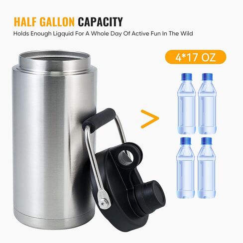 Half Gallon Water Bottle Insulated, 64oz Stainless Steel Water Jug With Handle and Wide Mouth Water Flask Sweat-Proof, Half Gallon Vacuum Double Walled Jug for Sports, Outdoors, Black in Saudi Arabia