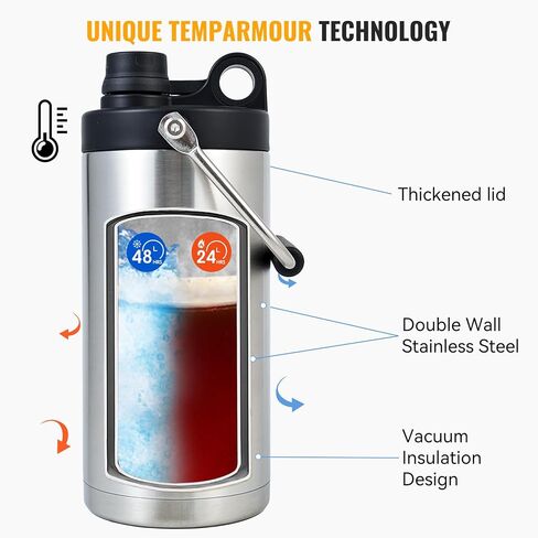 Half Gallon Water Bottle Insulated, 64oz Stainless Steel Water Jug With Handle and Wide Mouth Water Flask Sweat-Proof, Half Gallon Vacuum Double Walled Jug for Sports, Outdoors, Black in Saudi Arabia