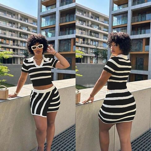 Women's 2 Piece Outfits Knitted Crop Top Asymmetrical Mini Skirt Set for Party Club Night Going Out in Saudi Arabia