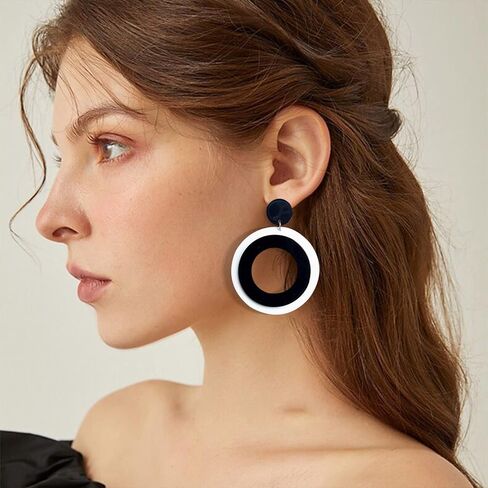 KaFu Lightweight Hollow Round Acrylic Dangle Earrings White Black Geometric resin Round Fashion Earrings for Women Girls Party Jewelry Gift in Saudi Arabia