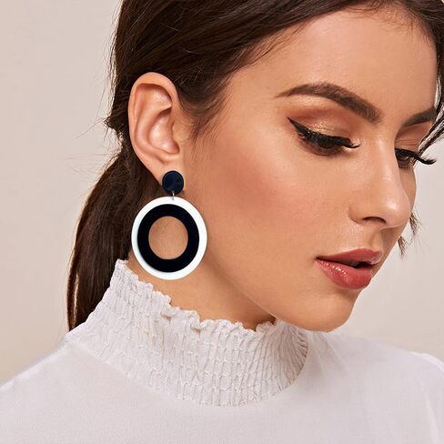 KaFu Lightweight Hollow Round Acrylic Dangle Earrings White Black Geometric resin Round Fashion Earrings for Women Girls Party Jewelry Gift in Saudi Arabia