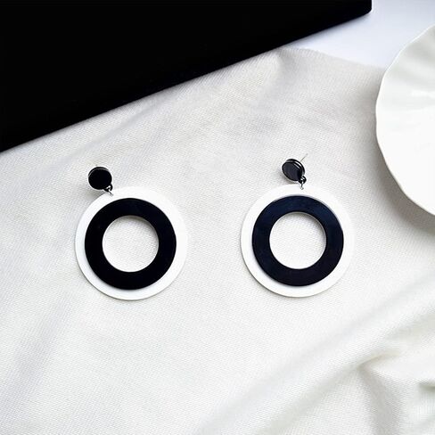 KaFu Lightweight Hollow Round Acrylic Dangle Earrings White Black Geometric resin Round Fashion Earrings for Women Girls Party Jewelry Gift in Saudi Arabia
