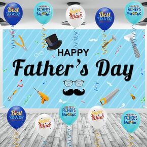 Happy Fathers Day Backdrop Banner EXTRAL Large Size 70" x 39", 10 Pcs Happy Father's Day Balloons 12", 2 Rolls of Ribbon for Fathers Day Party Decorations Supplies, Backdrops for Photography Prop