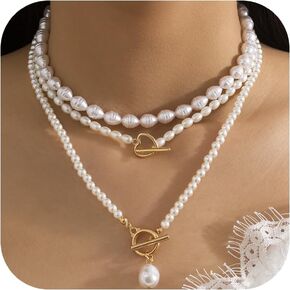 Paperclip Pearl Choker Necklace for Women Gold Layered Paperclip Chain Pearl Necklace Herringbone Necklace Trendy Layered Paperclip Pearl Necklaces Jewelry Gifts