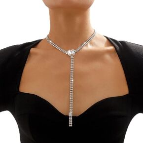Chargances Long Rhinestone Y Choker Heart Pendant Necklace Statement Crystal Necklace Sparkly Long Chain Gold Necklace for Women and Girls