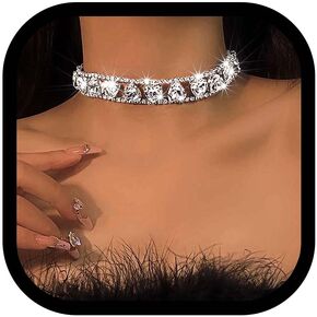 Zoestar Rhinestone Choker Necklace Jewelry Silver Sparkly Crystal Heart Neck Chain for Women