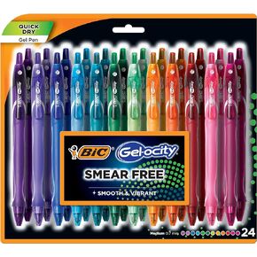 BIC Gel-ocity Quick Dry (Dries Up To 3x Faster) SUPER BRIGHT COLORS 24 Pack, Smear Free, Assorted Colors Retractable Gel Pens, Medium Point 0.7mm, Colorful Pens for adults Women & Men