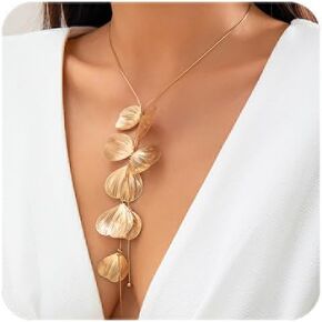 Long Ginkgo Leaf Y-Shape Pendant Necklace Bohemian Style Large Plant Leaves Flower Choker Necklace Summer Beach Vacation Jewelry Gift for Women Girls
